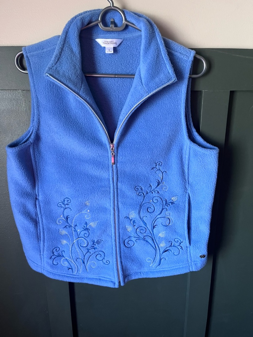 Northern Reflections Light Blue Fleece Vest with Embroidered Flourish